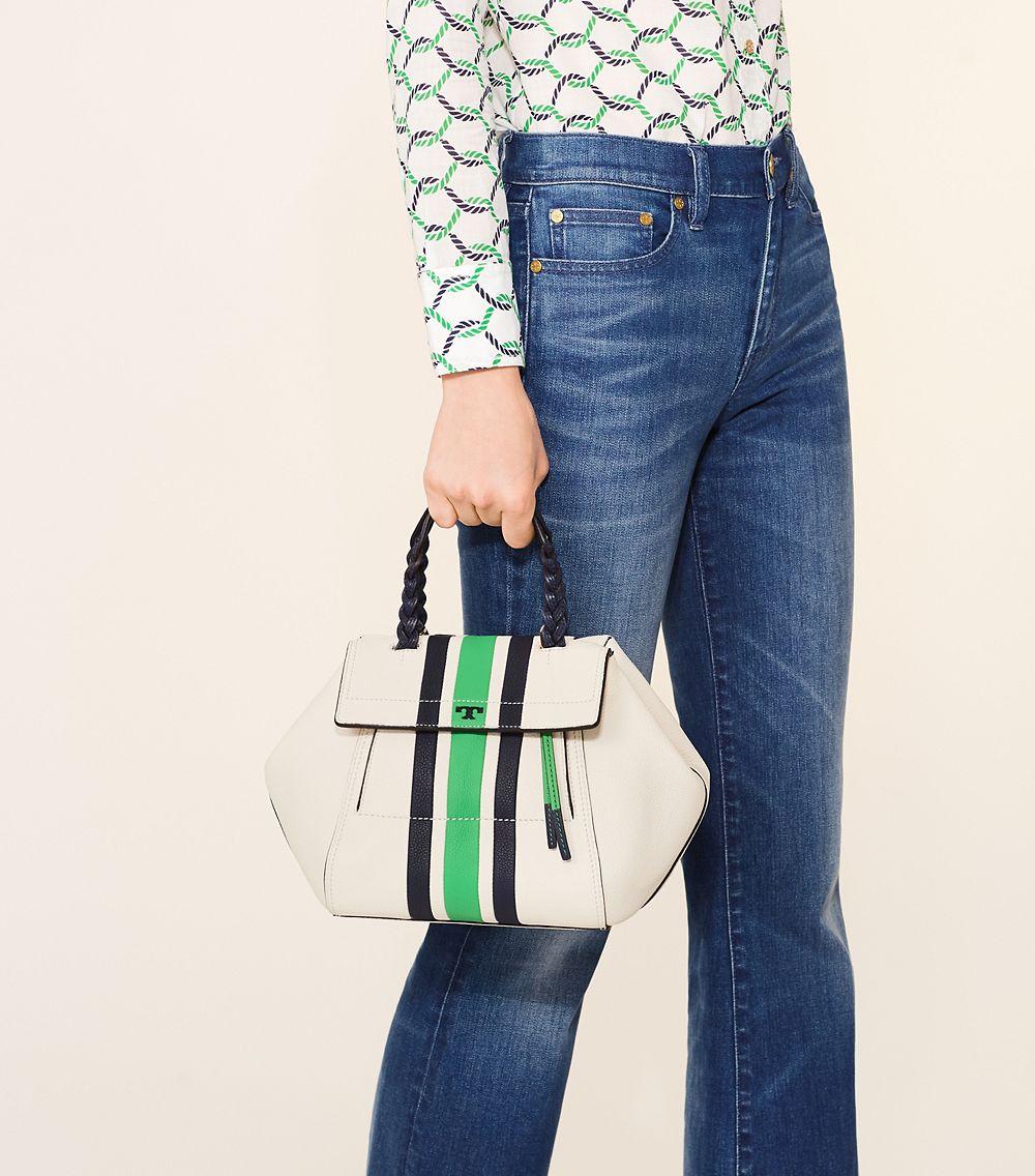 Tory burch half moon best sale stripe satchel